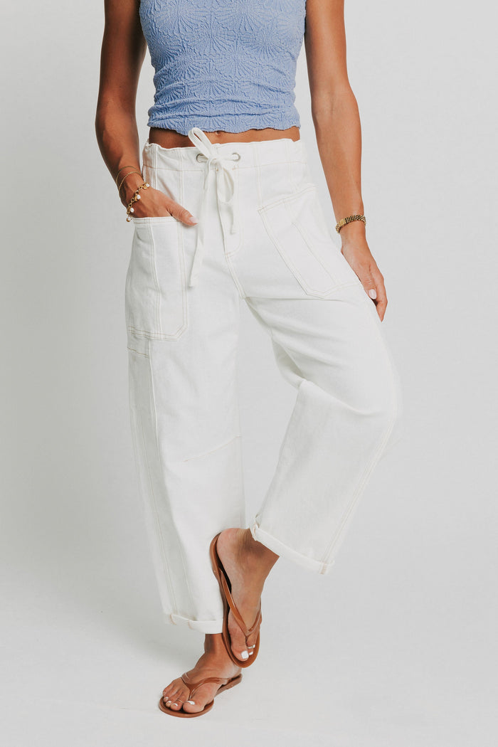 white denim cargo pocket drawstring barrel jeans