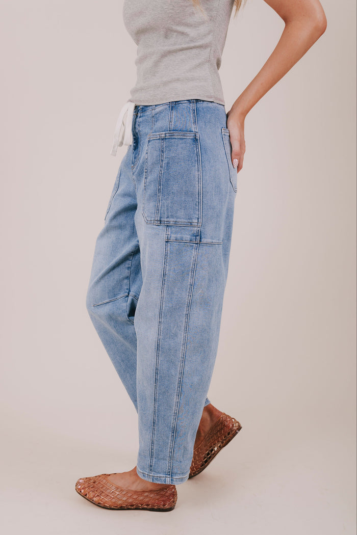 denim cargo pocket drawstring barrel jeans side