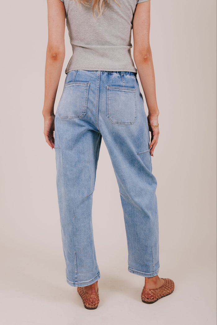 denim cargo pocket drawstring barrel jeans back