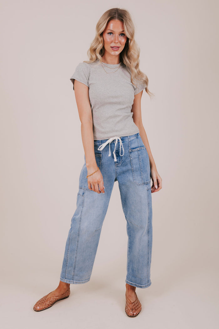 denim cargo pocket drawstring barrel jeans full