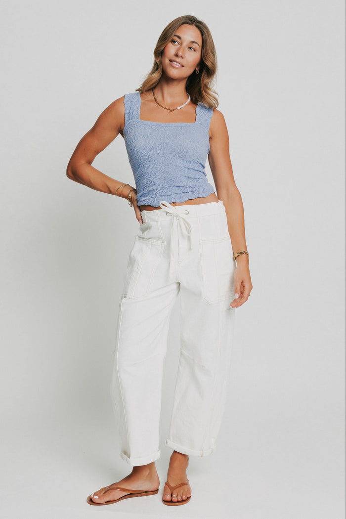 white denim cargo pocket drawstring barrel jeans
