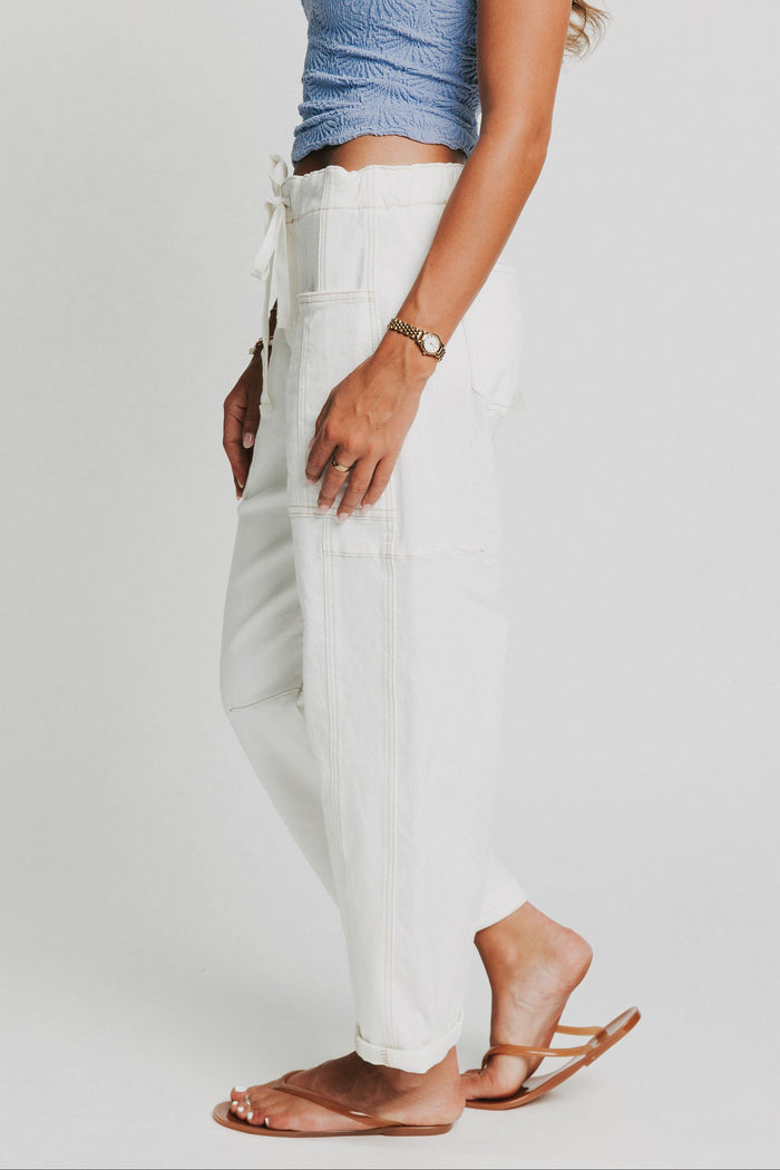 white denim cargo pocket drawstring barrel jeans