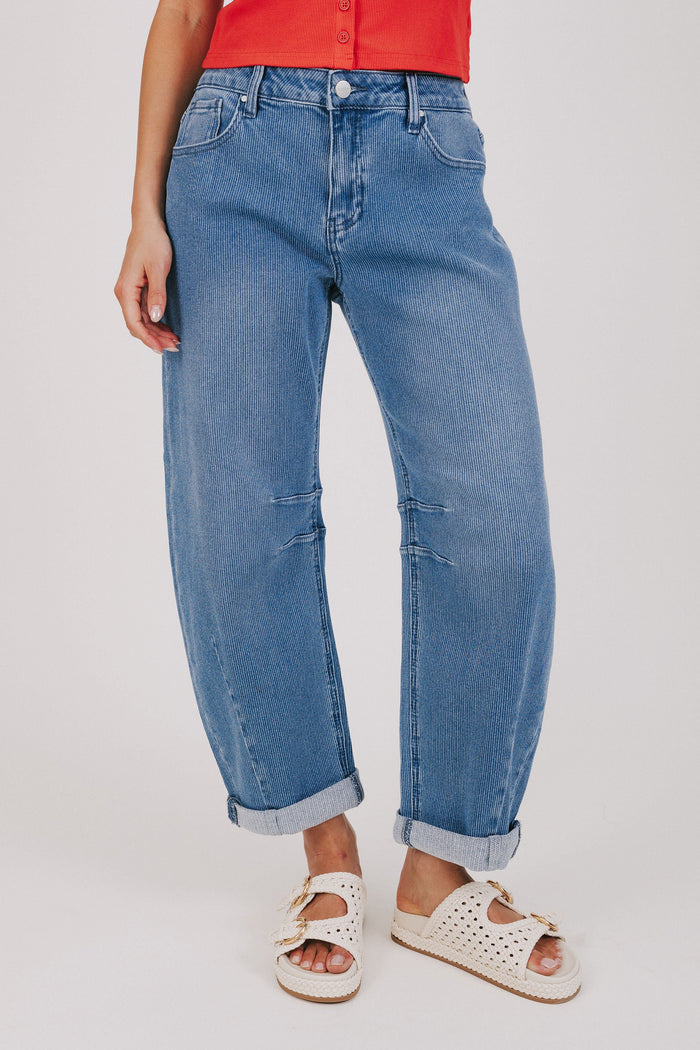 medium wash textured barrel jeans