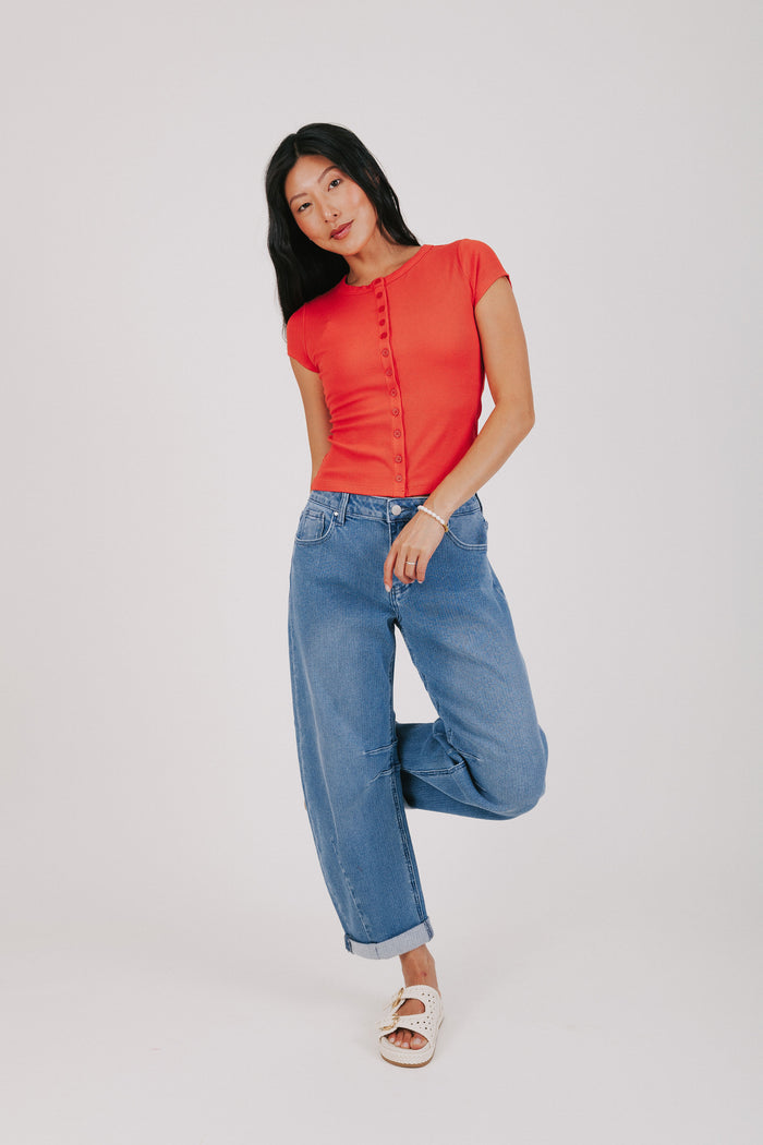 medium wash textured barrel jeans full