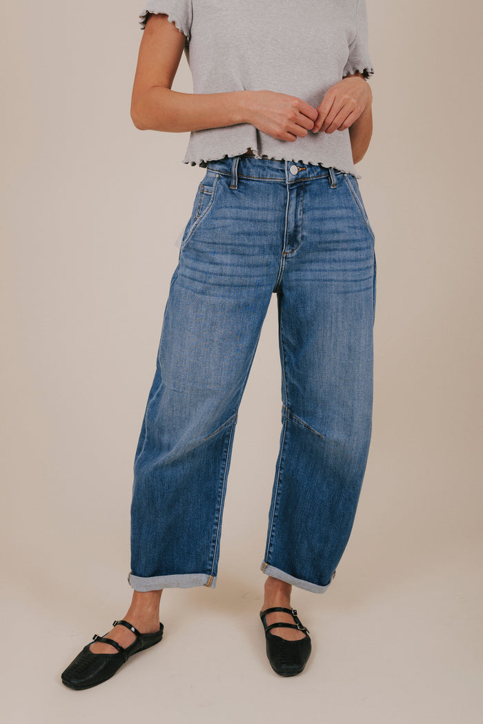 denim mid rise cuffed barrel jeans front