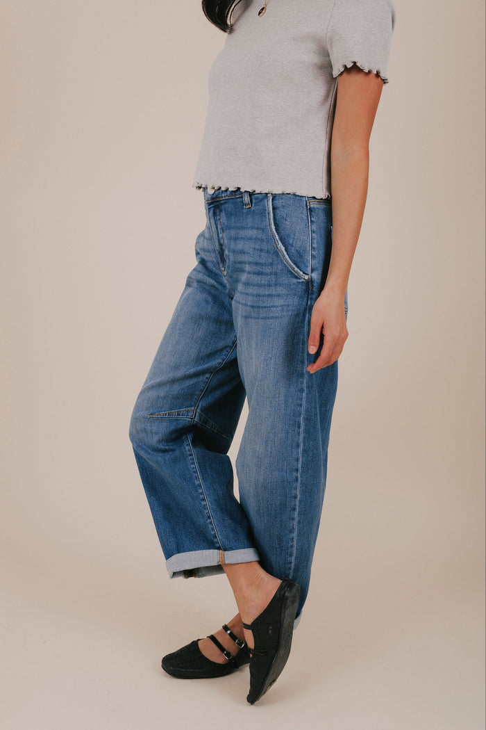 denim mid rise cuffed barrel jeans side