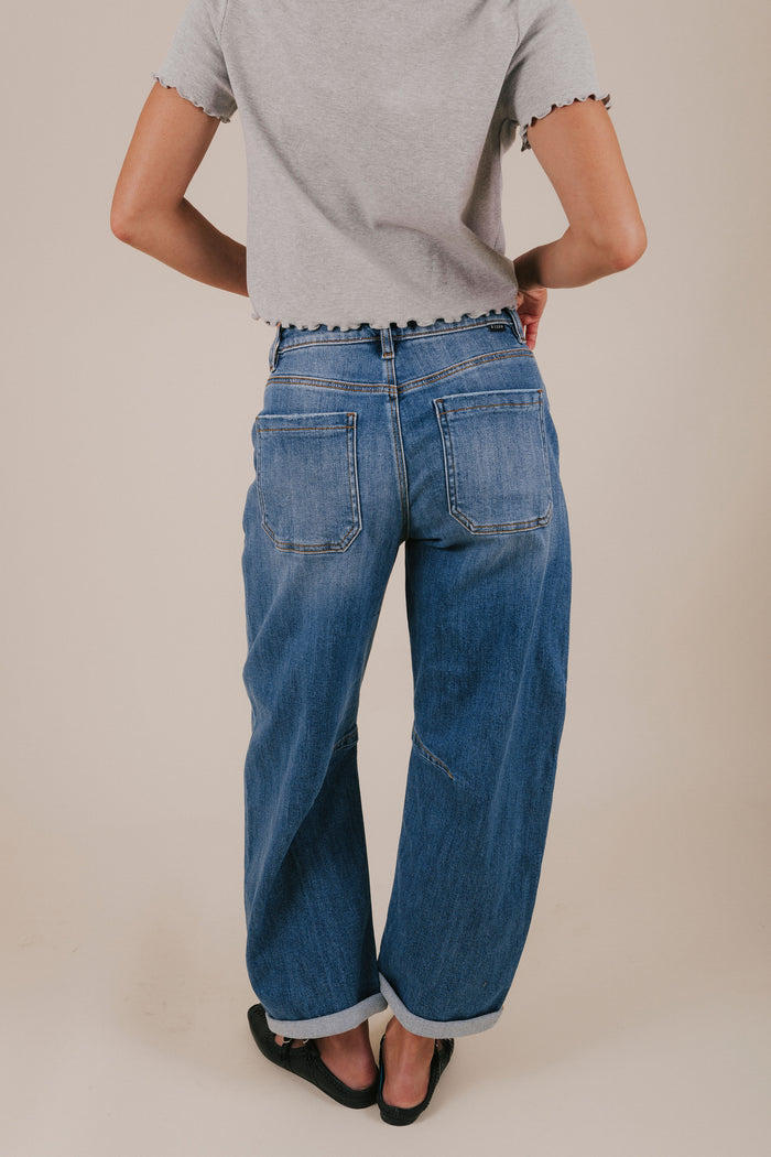 denim mid rise cuffed barrel jeans back