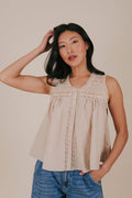 taupe lace button up sleeveless top front