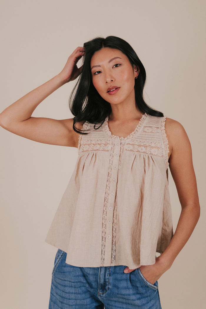 taupe lace button up sleeveless top front