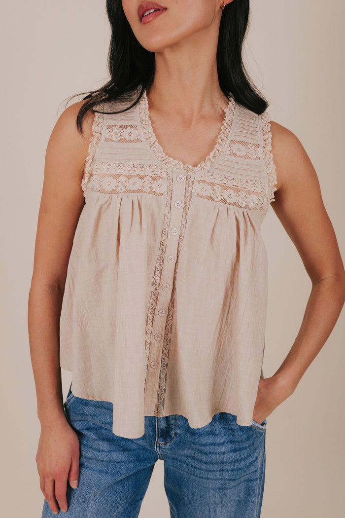 taupe lace button up sleeveless top details