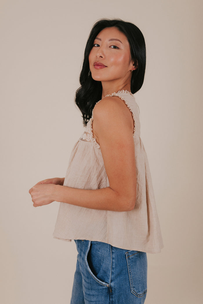 taupe lace button up sleeveless top side