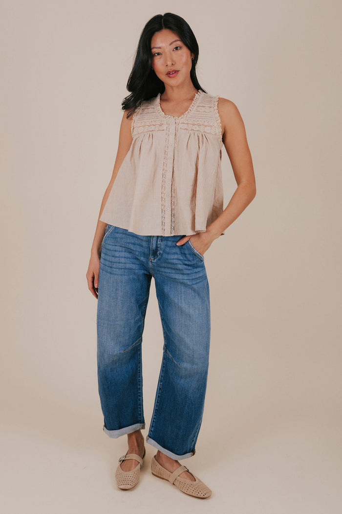 taupe lace button up sleeveless top full