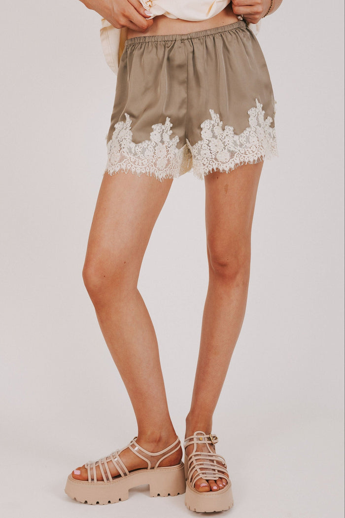brown satin shorts with lace trim front