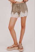 brown satin shorts with lace trim front