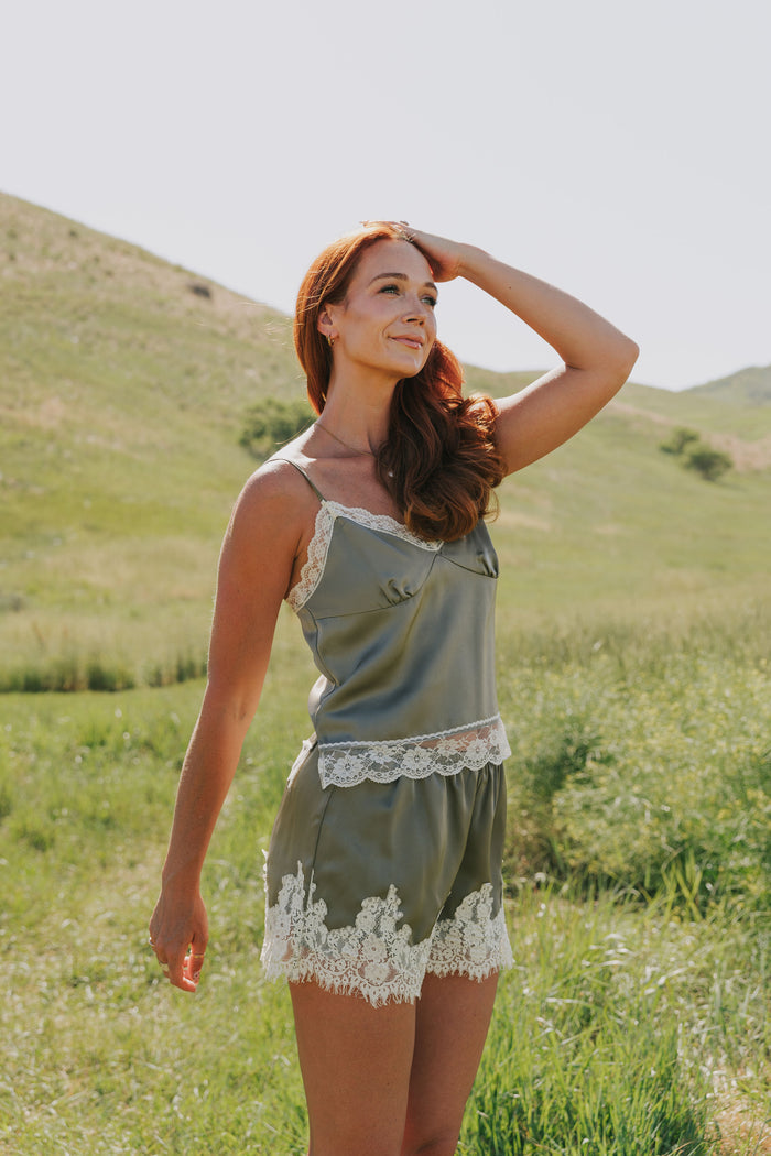 Green brown satin spaghetti strap top contrast lace trim