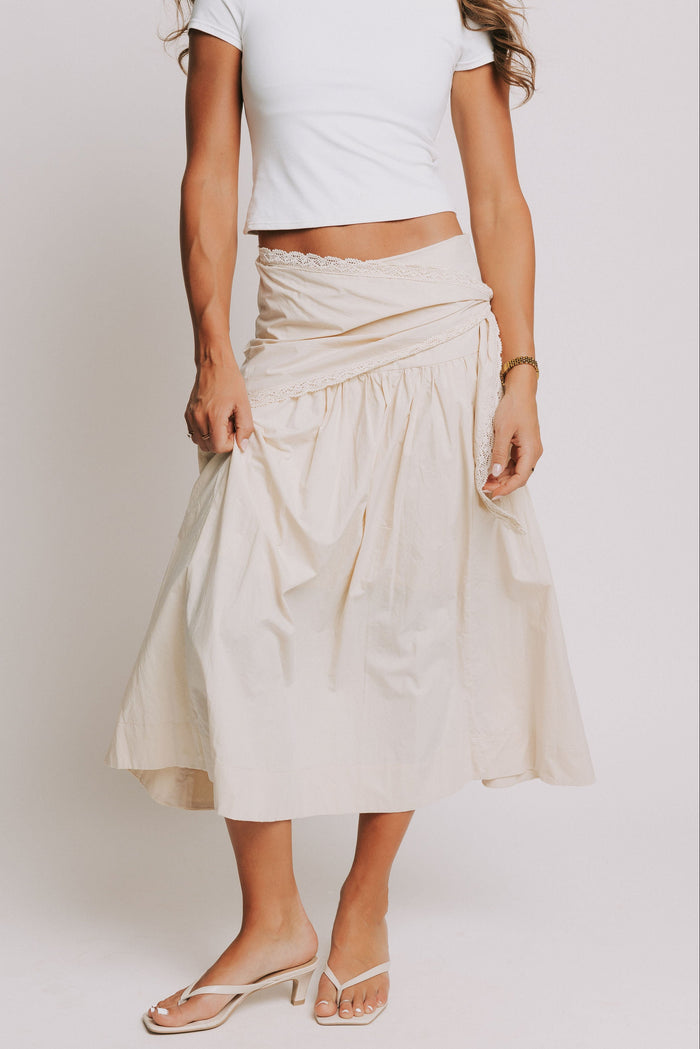 beige midi skirt with lace tie detail