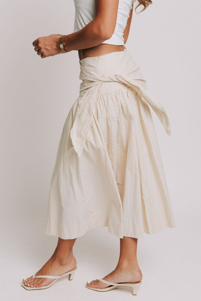 beige midi skirt with lace tie detail side