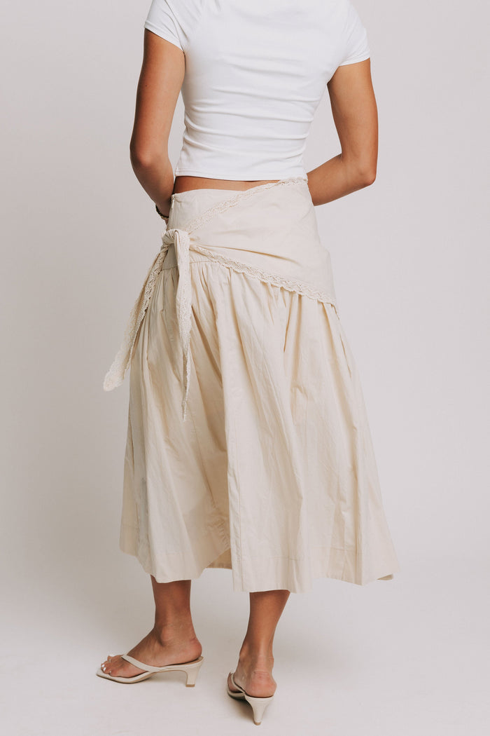 beige midi skirt with lace tie detail back