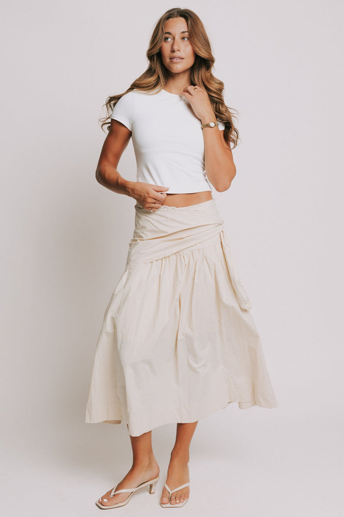 beige midi skirt with lace tie detail full