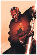 A Star Wars art print featuring Darth Maul with a red and black color scheme, holding a lightsaber, on pearlescent paper.