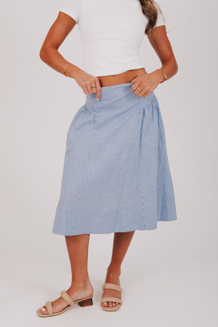 light blue striped midi skirt