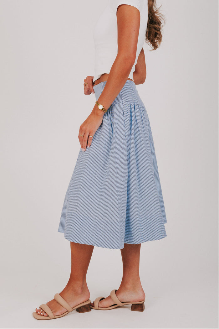 light blue striped midi skirt side