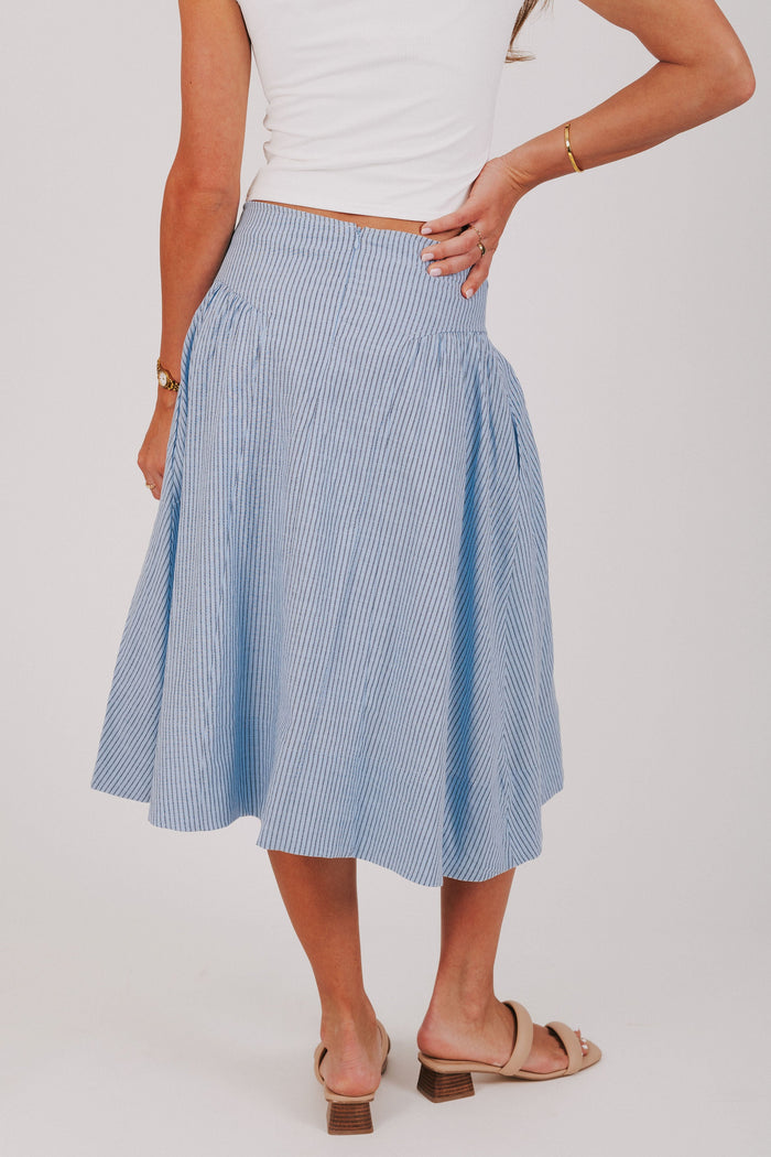 light blue striped midi skirt back