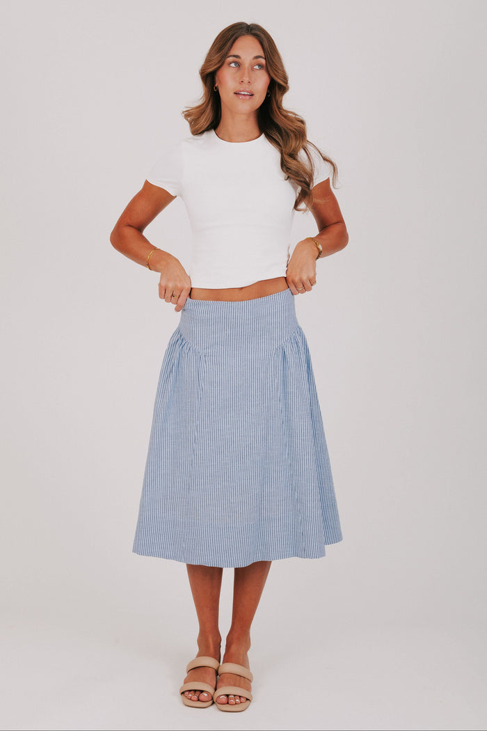 light blue striped midi skirt full