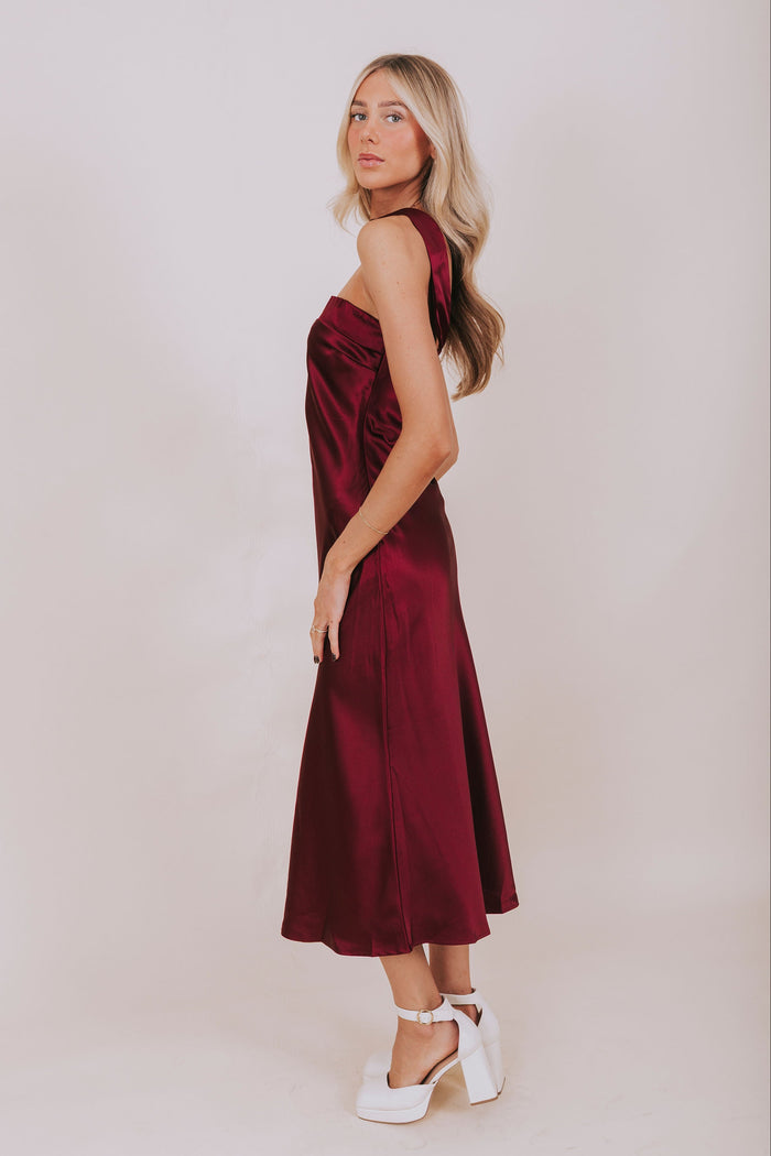 Plum satin scarf sleeveless midi dress side