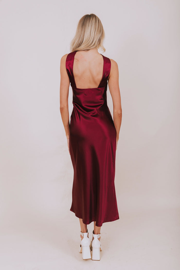 Plum satin scarf sleeveless midi dress back