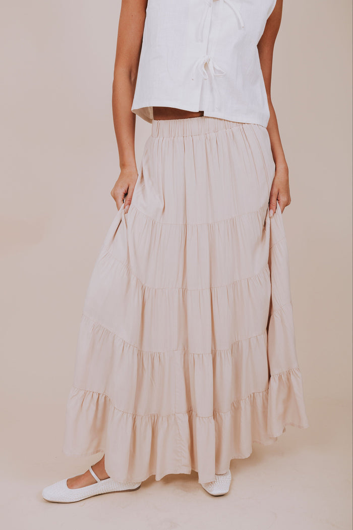 beige tiered maxi skirt front