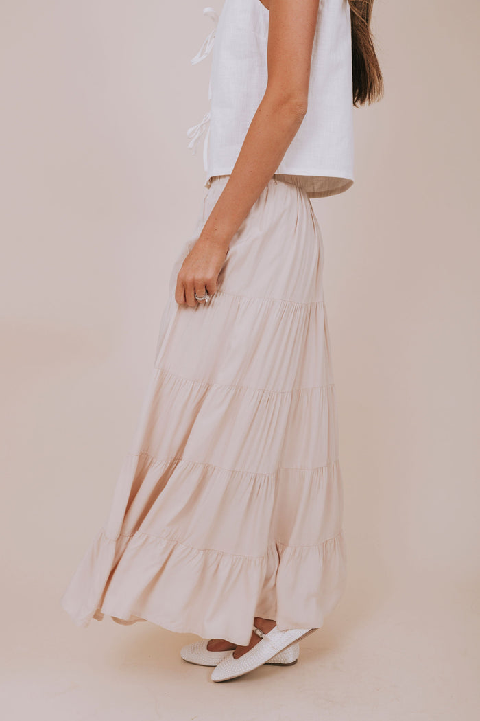 beige tiered maxi skirt side