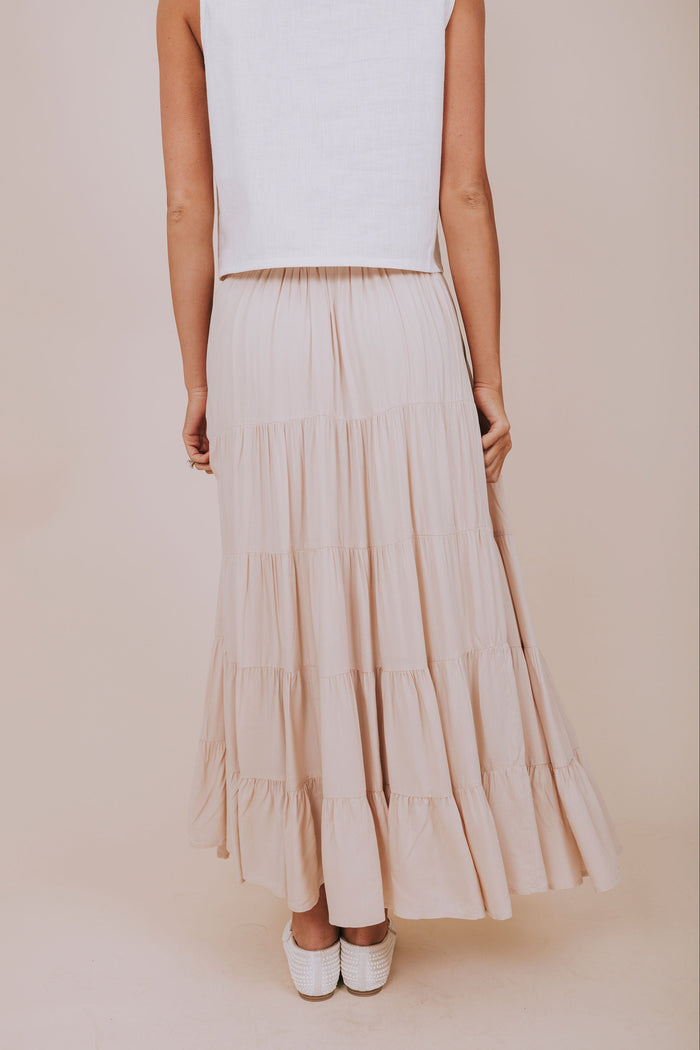 beige tiered maxi skirt back