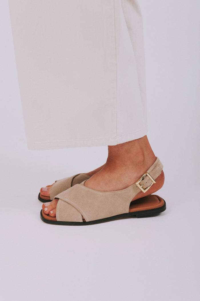 beige slingback sandals gold buckle criss cross