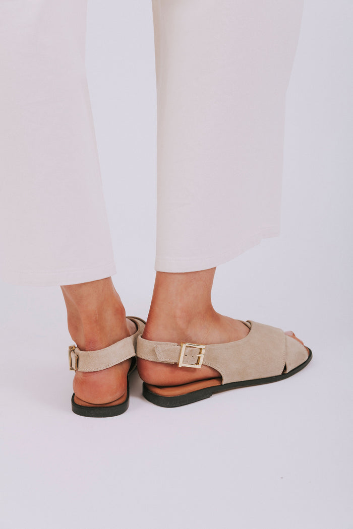 beige slingback sandals gold buckle criss cross