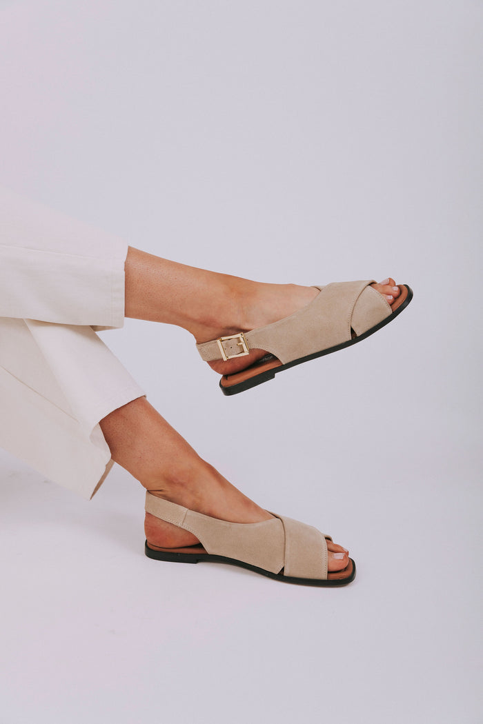 beige slingback sandals gold buckle criss cross