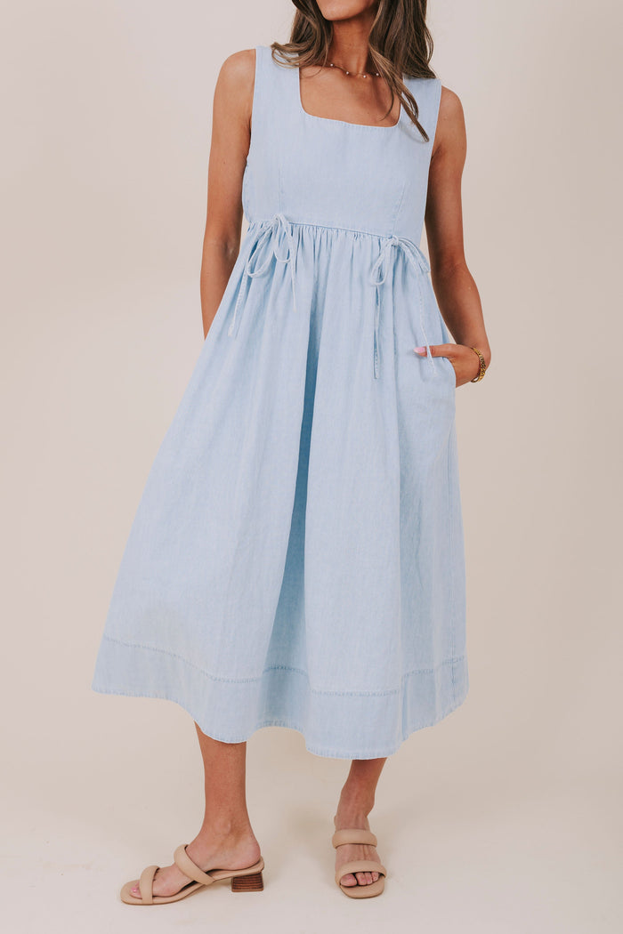 light blue denim bow tied midi dress front