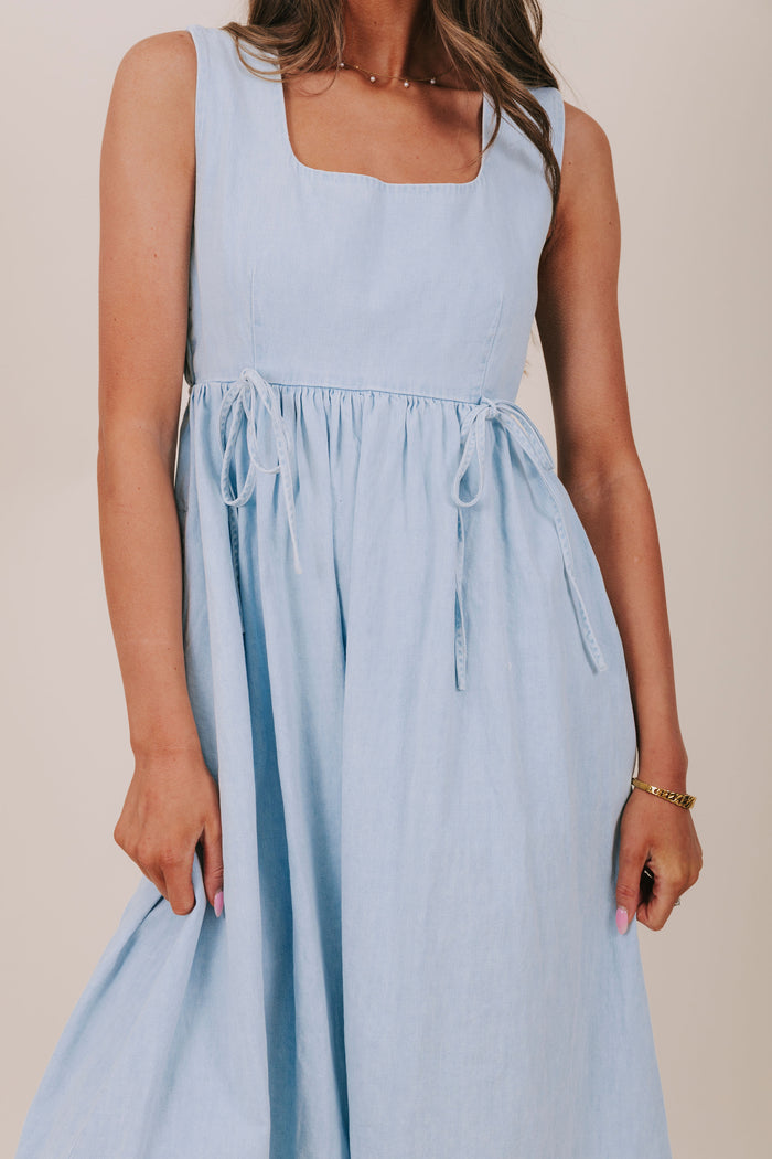 light blue denim bow tied midi dress  detail