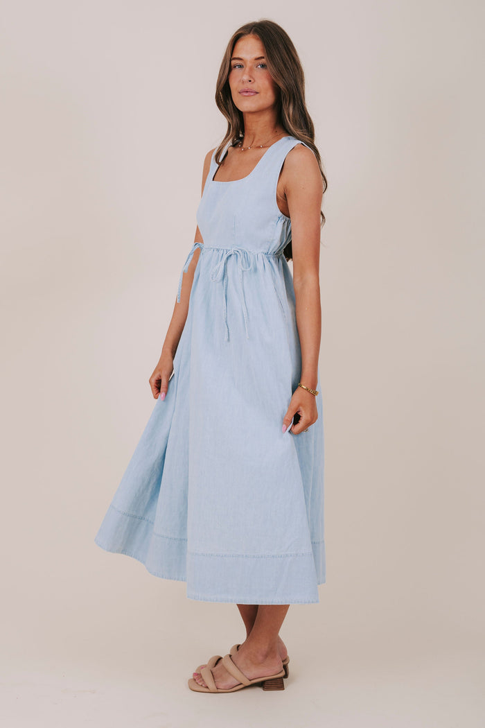 light blue denim bow tied midi dress side
