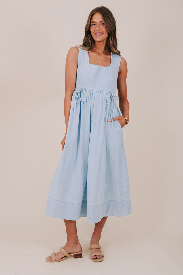 light blue denim bow tied midi dress full
