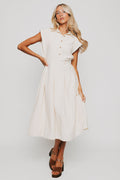 buttoned down pleated midi dress with cap sleeves