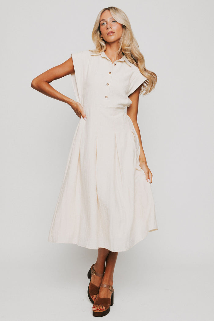 buttoned down pleated midi dress with cap sleeves