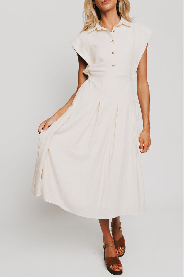buttoned down pleated midi dress with cap sleeves