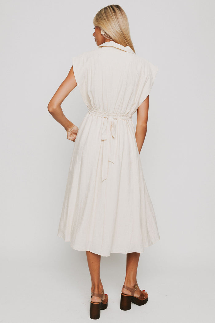 buttoned down pleated midi dress with cap sleeves