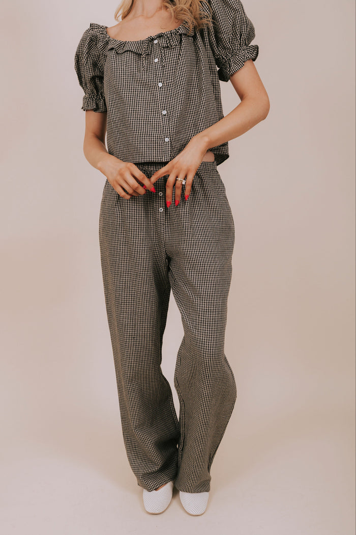 black gingham wide leg pants front