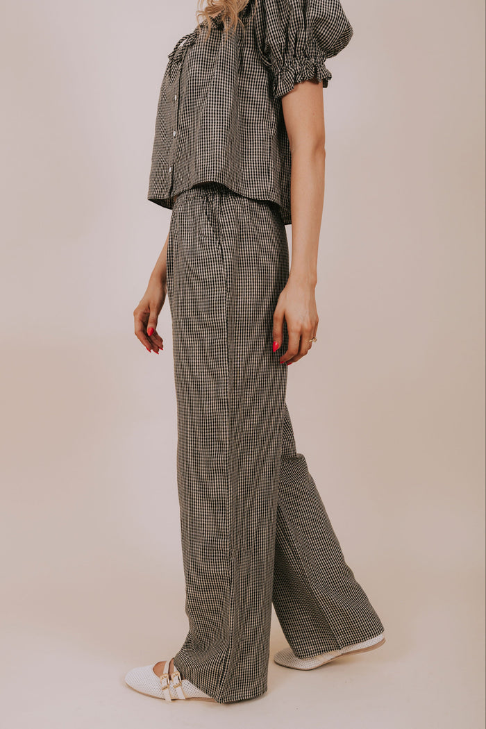 black gingham wide leg pants side