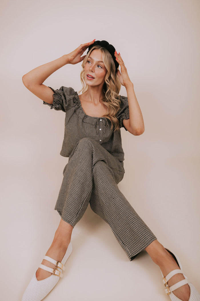 black gingham wide leg pants pose