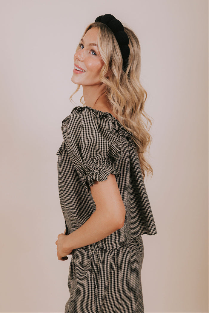 black gingham ruffled blouse side