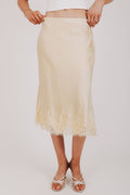butter yellow satin midi skirt with lace trim