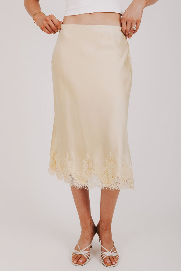 butter yellow satin midi skirt with lace trim